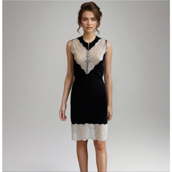 Sandro Paris Black Knit Bodycon Dress Size 3 US 8 Lace Panel Accents Front Zip - Picture 1 of 10